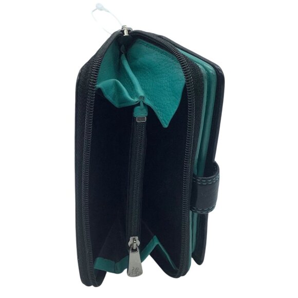VISCONTI Black Teal Real Leather Wallet Snap Close Zip 6"x3.5" Credit Cards - Picture 3 of 5